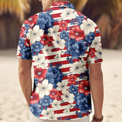 Patriotic US Flag Floral Hawaiian Shirt, American Fourth of July Beach Shirt, USA Aloha Button Shirt, Summer Beach Party Gift for Him
