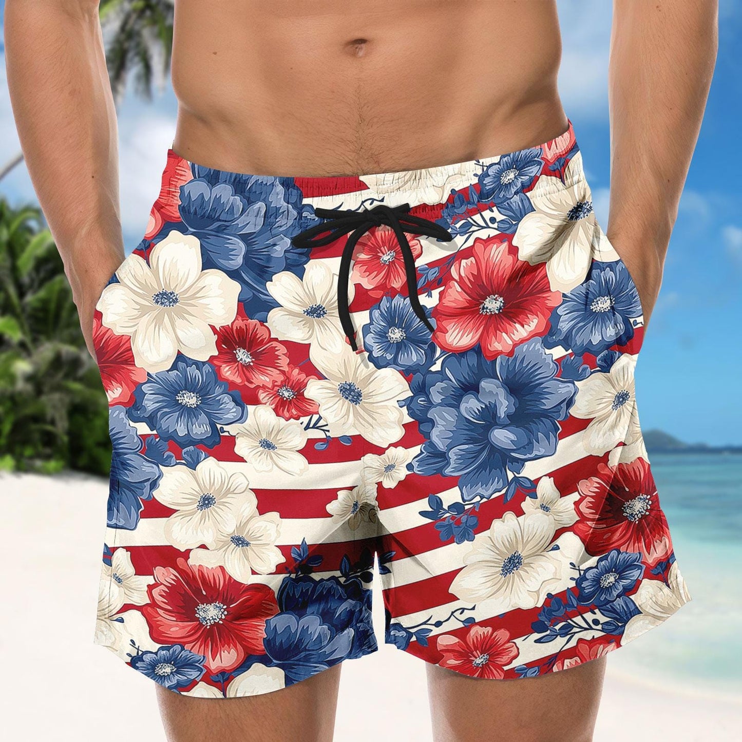 Patriotic US Flag Floral Hawaiian Shirt, American Fourth of July Beach Shirt, USA Aloha Button Shirt, Summer Beach Party Gift for Him