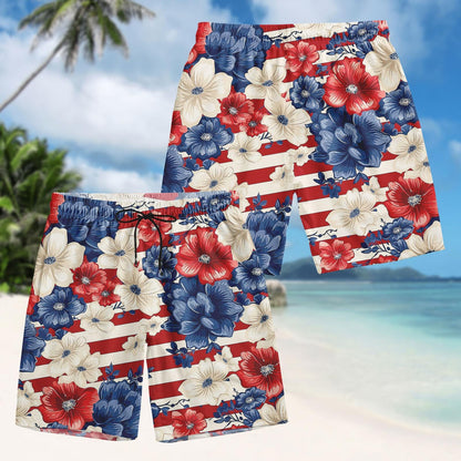 Patriotic US Flag Floral Hawaiian Shirt, American Fourth of July Beach Shirt, USA Aloha Button Shirt, Summer Beach Party Gift for Him