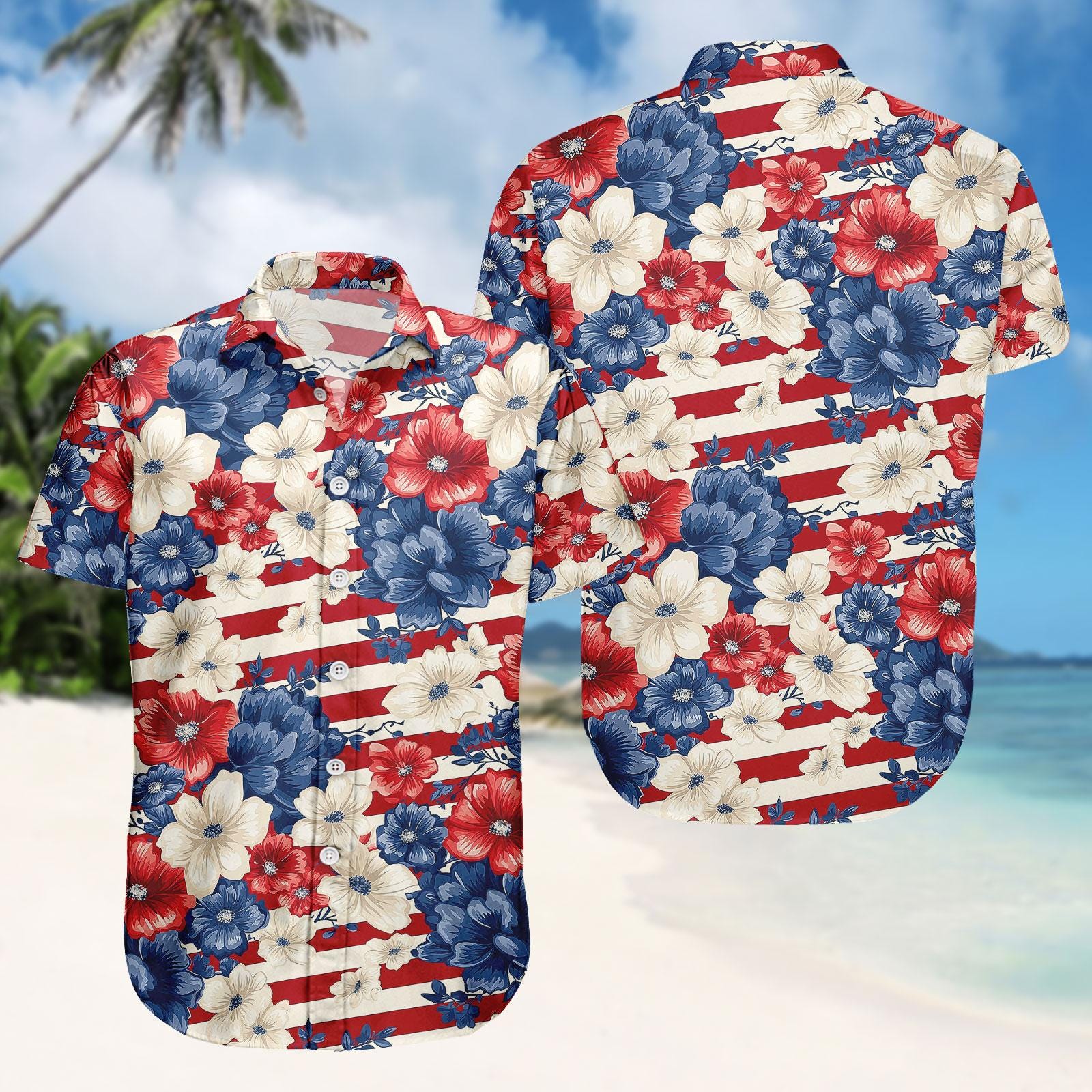 Patriotic US Flag Floral Hawaiian Shirt, American Fourth of July Beach Shirt, USA Aloha Button Shirt, Summer Beach Party Gift for Him