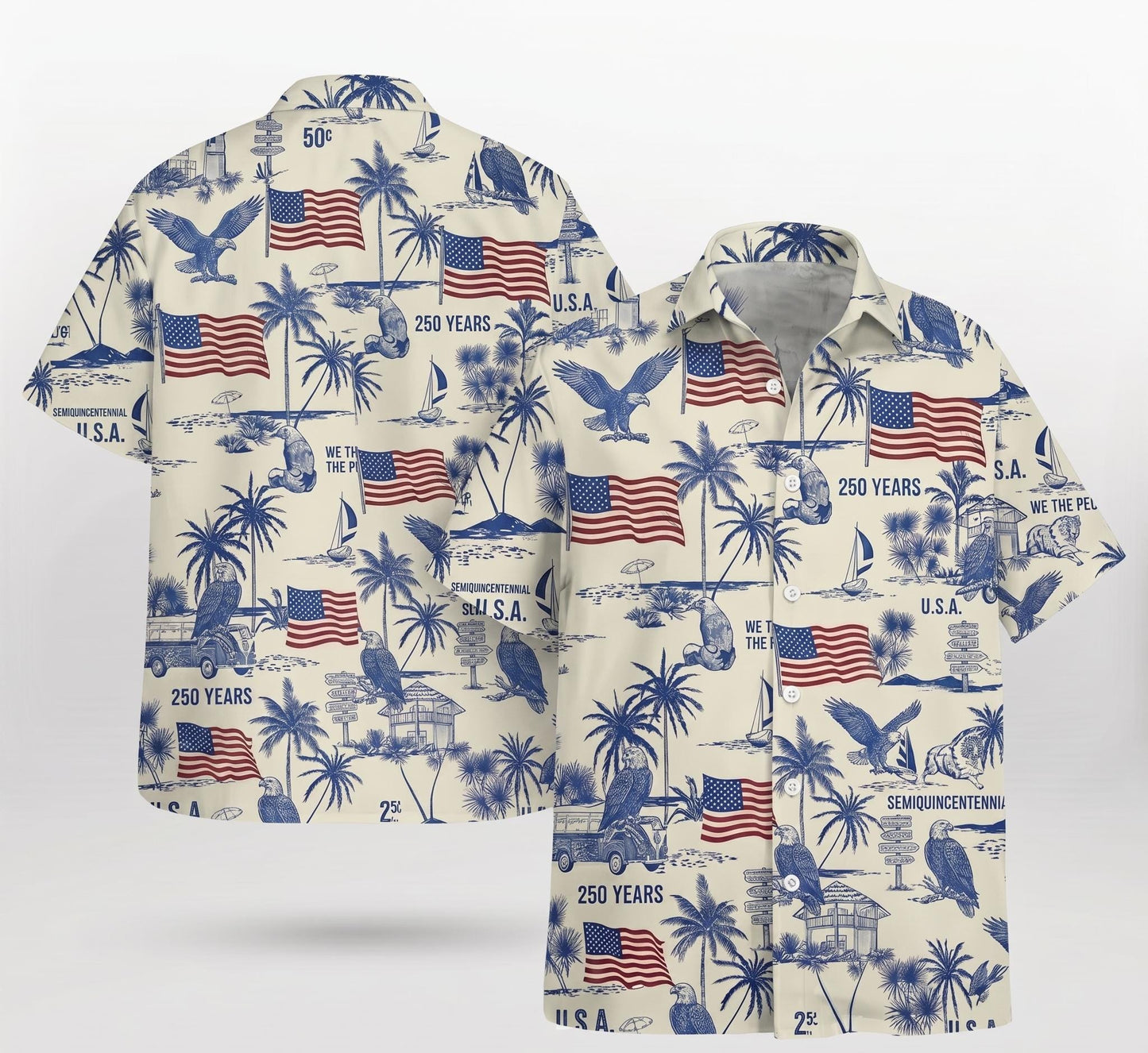 USA Semi-Quincentennial Hawaiian Shirt - 250th Anniversary - Patriotic Bald Eagles and American Flags