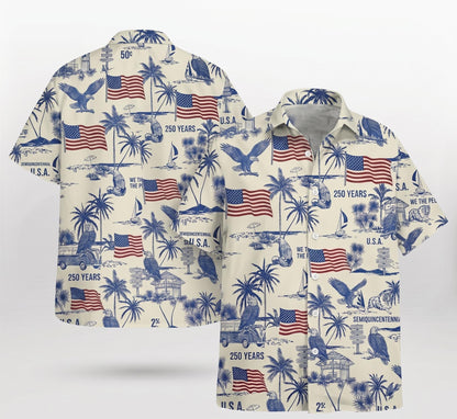 USA Semi-Quincentennial Hawaiian Shirt - 250th Anniversary - Patriotic Bald Eagles and American Flags