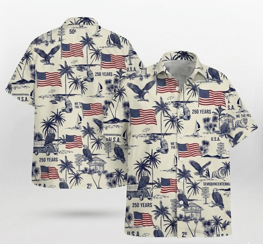 USA Semi-Quincentennial Hawaiian Shirt - 250th Anniversary - Patriotic Bald Eagles and American Flags