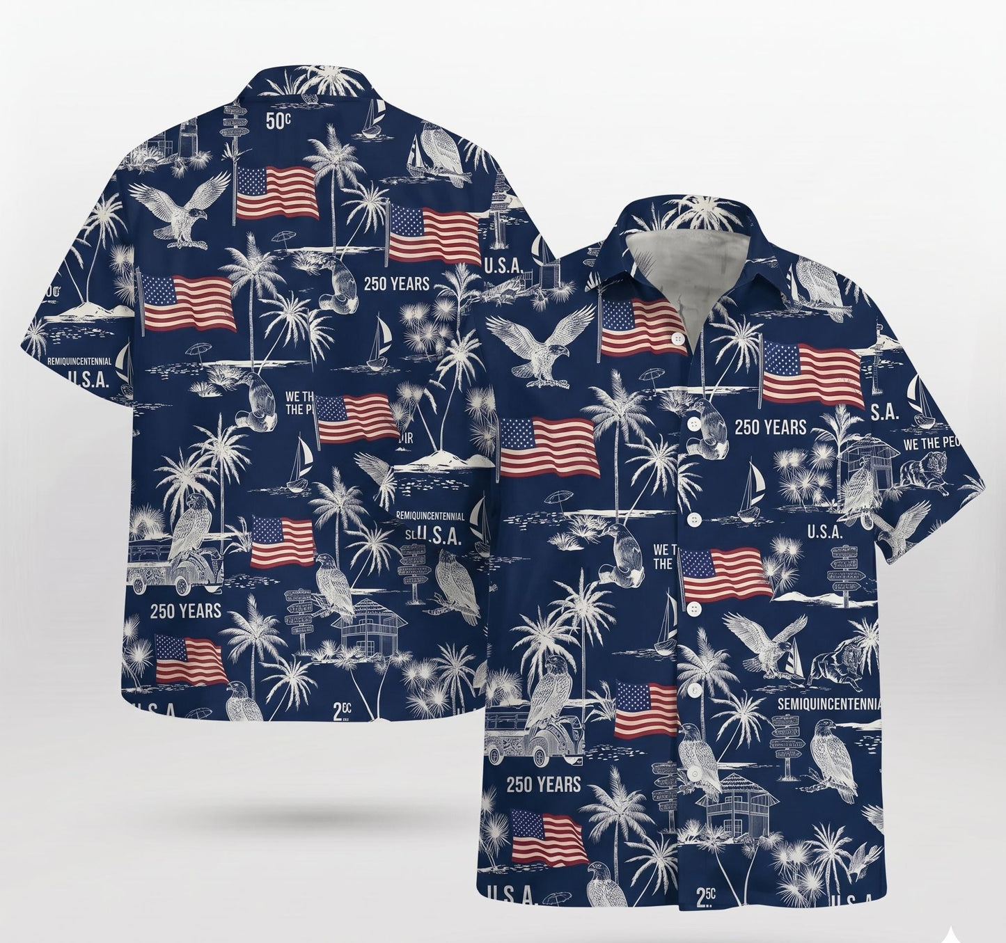 USA Semi-Quincentennial Hawaiian Shirt - 250th Anniversary - Patriotic Bald Eagles and American Flags