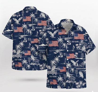 USA Semi-Quincentennial Hawaiian Shirt - 250th Anniversary - Patriotic Bald Eagles and American Flags