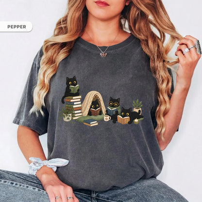 Black Cat Reading Shirt, Book Lover Cat Tee, Cozy Reader Gift For Her, Cat Mom Shirt, Librarian Teacher Bookish Gift