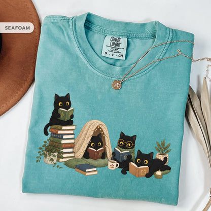 Black Cat Reading Shirt, Book Lover Cat Tee, Cozy Reader Gift For Her, Cat Mom Shirt, Librarian Teacher Bookish Gift