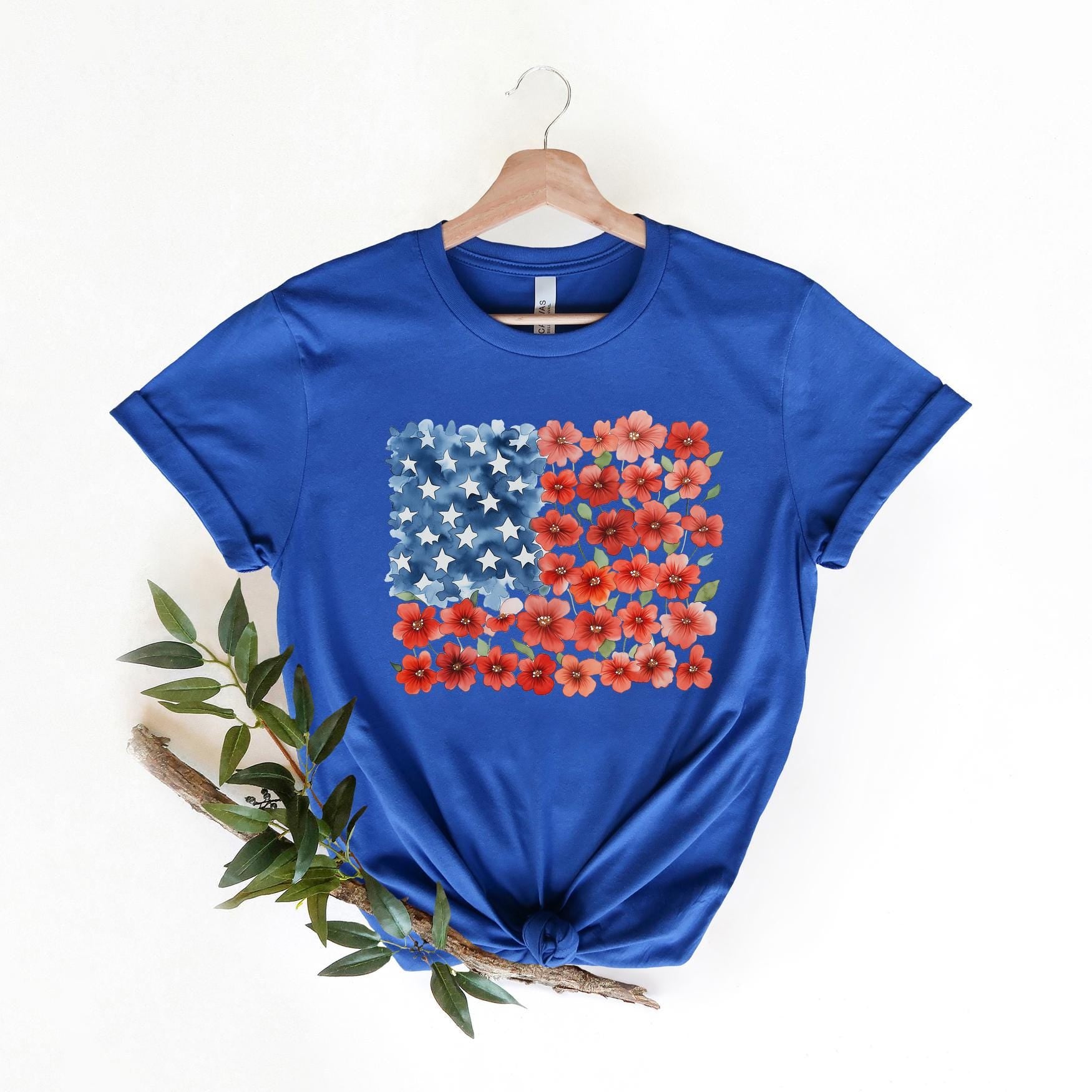 Floral American Flag Shirt, Patriotic Flower T-Shirt, 4th of July Floral Tee, Red Poppy Flag Shirt, Women's Independence Day Gift