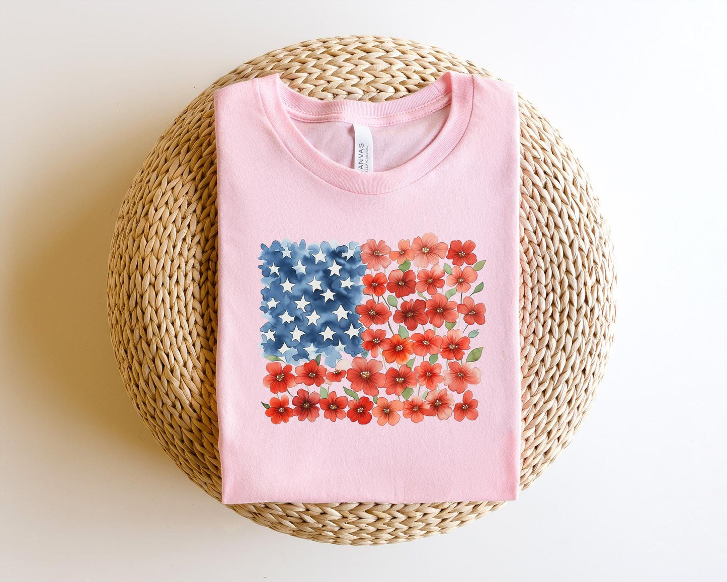 Floral American Flag Shirt, Patriotic Flower T-Shirt, 4th of July Floral Tee, Red Poppy Flag Shirt, Women's Independence Day Gift