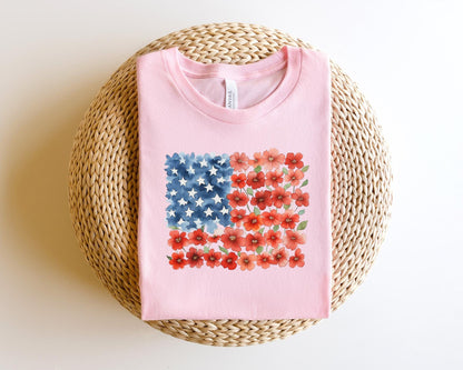 Floral American Flag Shirt, Patriotic Flower T-Shirt, 4th of July Floral Tee, Red Poppy Flag Shirt, Women's Independence Day Gift