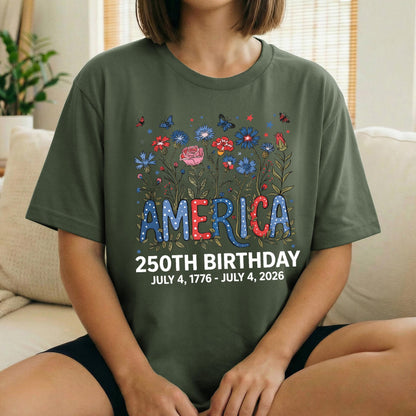Flower USA Shirt, 250th Anniversary Shirt, 4th of July Gift, Independence Day T-Shirt, Patriotic USA Shirt, America Floral Birthday Tee