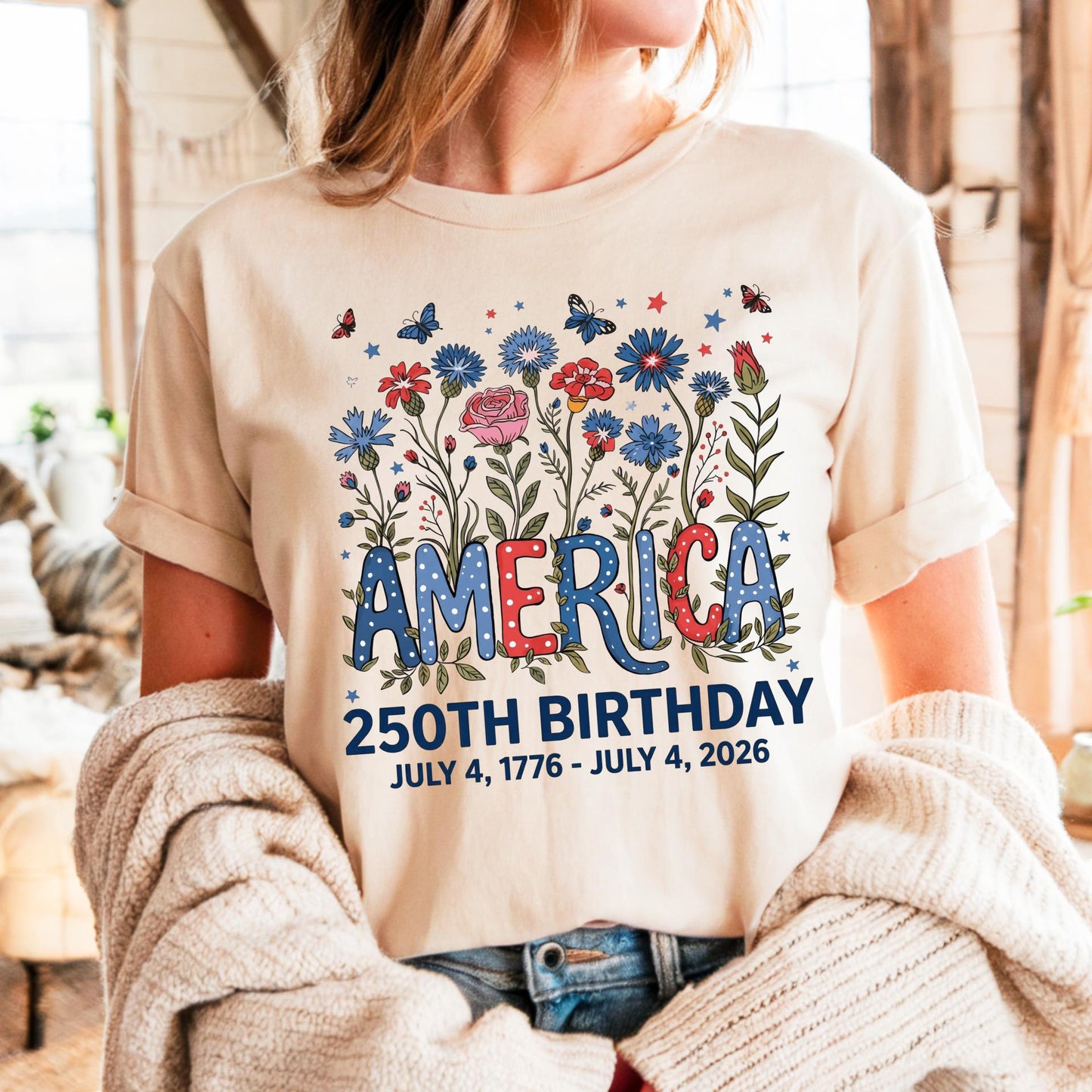 Flower USA Shirt, 250th Anniversary Shirt, 4th of July Gift, Independence Day T-Shirt, Patriotic USA Shirt, America Floral Birthday Tee