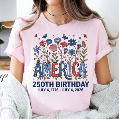 Flower USA Shirt, 250th Anniversary Shirt, 4th of July Gift, Independence Day T-Shirt, Patriotic USA Shirt, America Floral Birthday Tee
