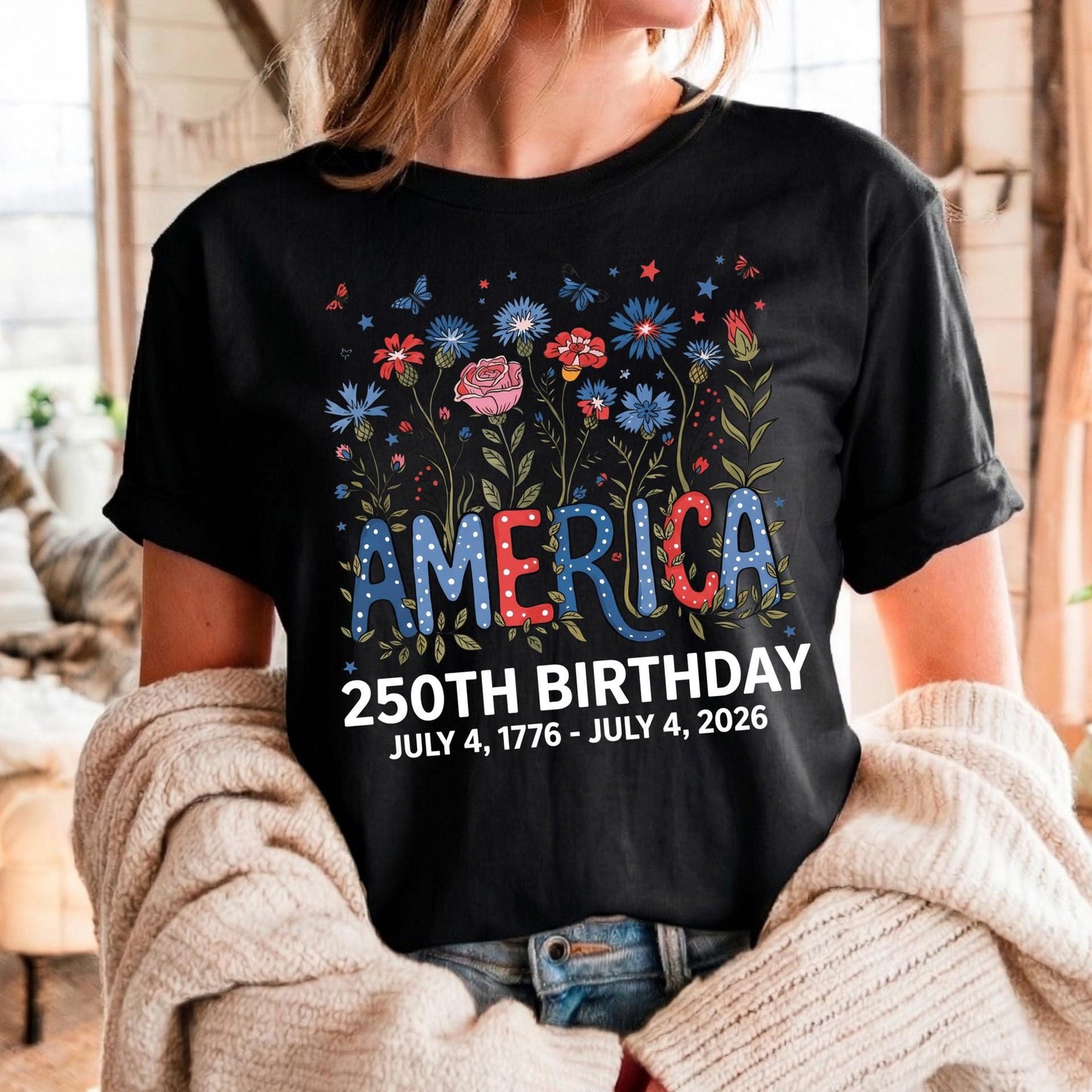 Flower USA Shirt, 250th Anniversary Shirt, 4th of July Gift, Independence Day T-Shirt, Patriotic USA Shirt, America Floral Birthday Tee