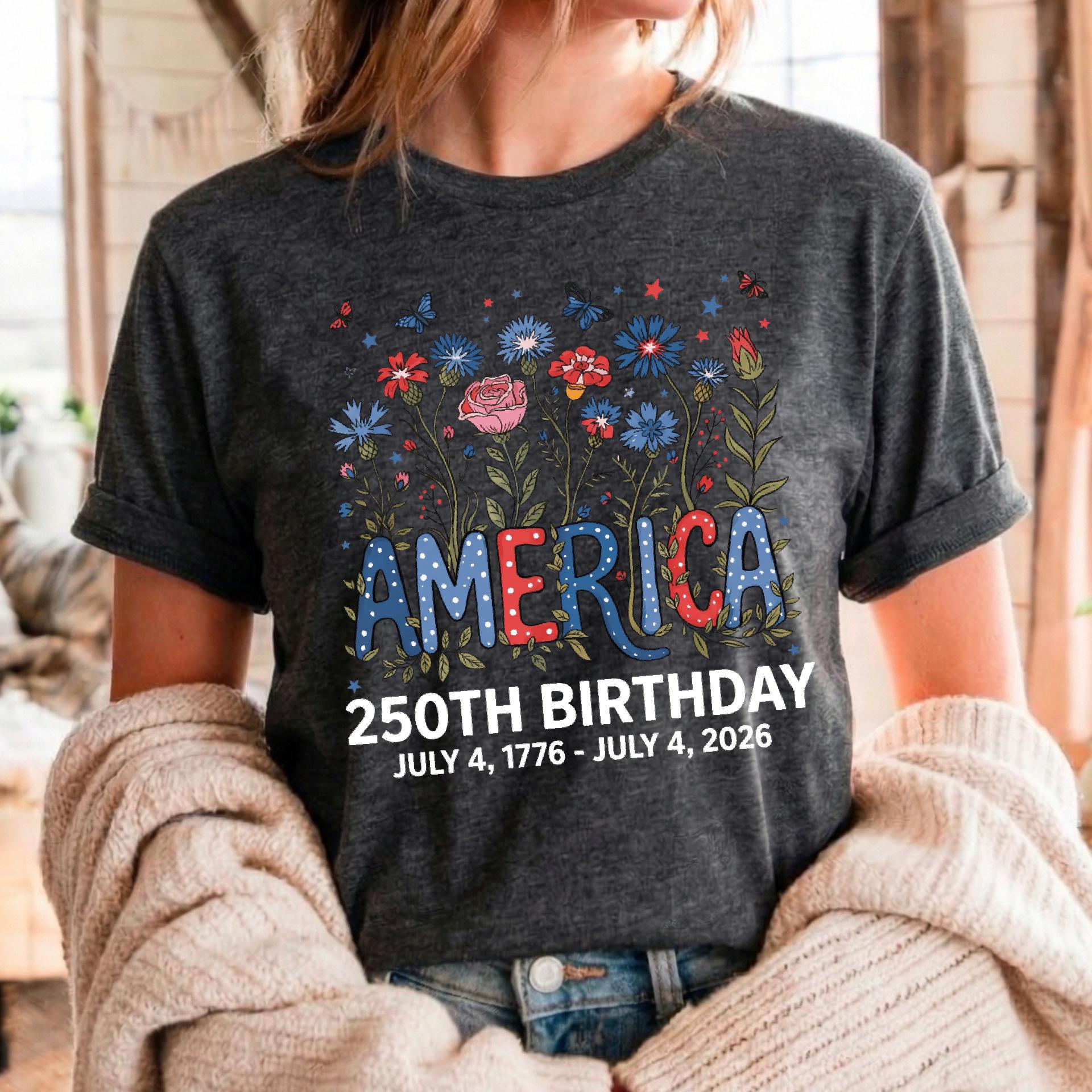 Flower USA Shirt, 250th Anniversary Shirt, 4th of July Gift, Independence Day T-Shirt, Patriotic USA Shirt, America Floral Birthday Tee