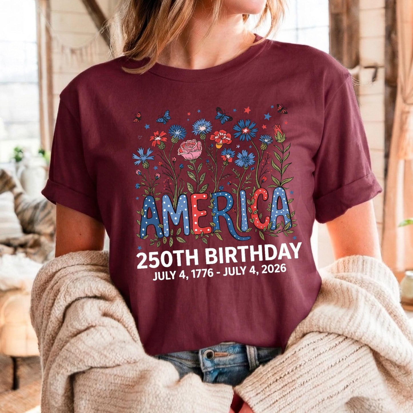 Flower USA Shirt, 250th Anniversary Shirt, 4th of July Gift, Independence Day T-Shirt, Patriotic USA Shirt, America Floral Birthday Tee