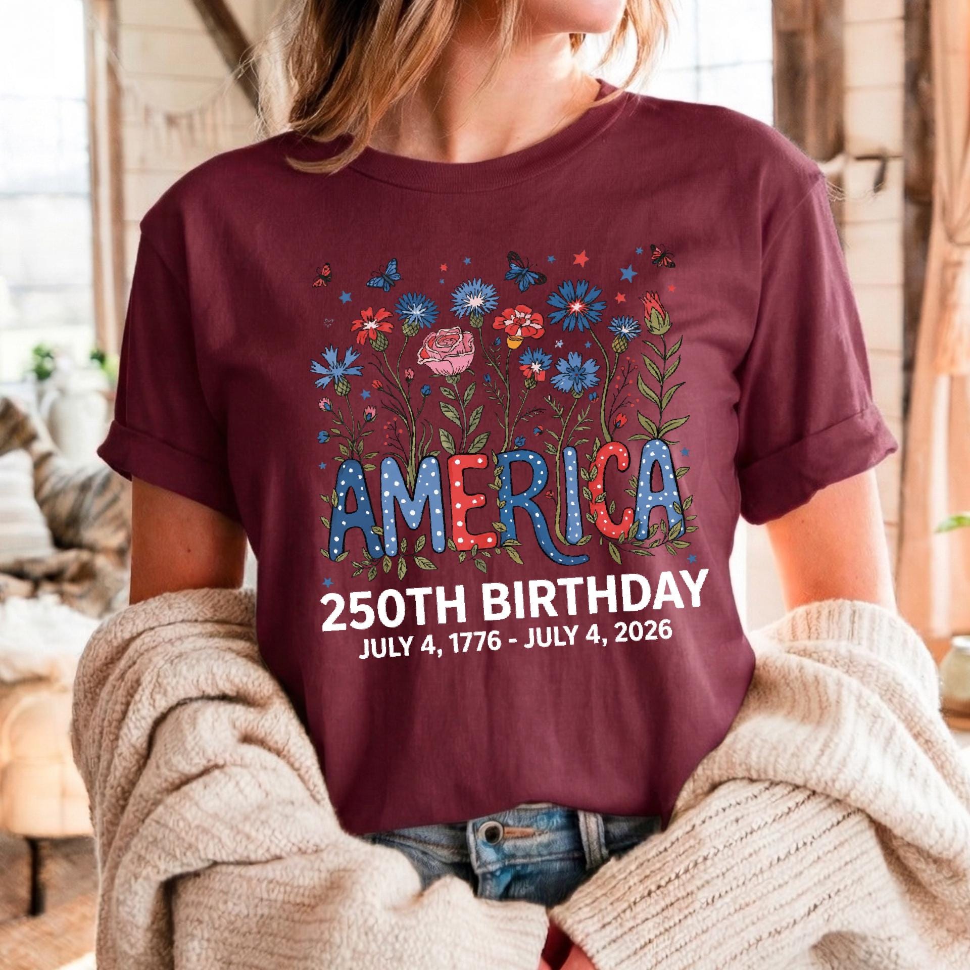 Flower USA Shirt, 250th Anniversary Shirt, 4th of July Gift, Independence Day T-Shirt, Patriotic USA Shirt, America Floral Birthday Tee