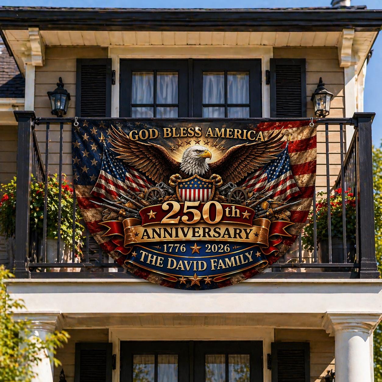 Personalized USA 250th Anniversary Bunting Flag 1776-2026, Custom Family Name Patriotic America Bunting, Non-Pleated Fan Flag for Porch