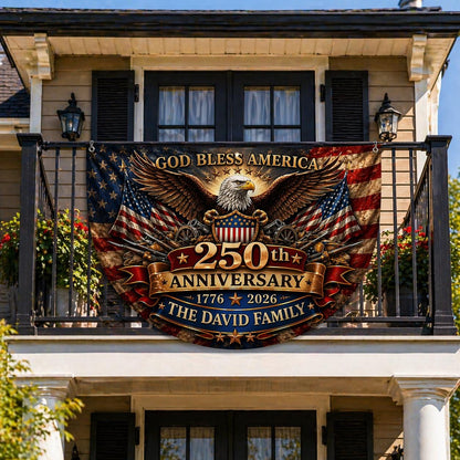 Personalized USA 250th Anniversary Bunting Flag 1776-2026, Custom Family Name Patriotic America Bunting, Non-Pleated Fan Flag for Porch