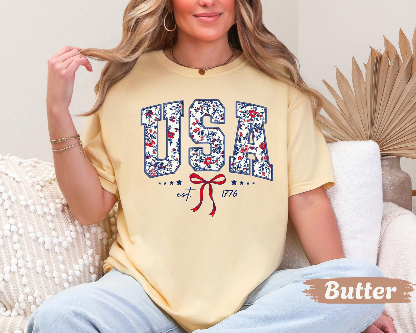 Comfort Colors Floral USA Est. 1776 Graphic T-Shirt, Coquette Patriotic Tee, Floral America Shirt, Preppy Women's 4th Tees