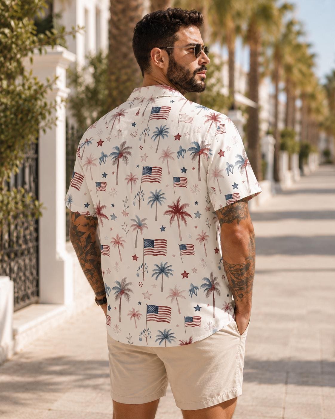 Patriotic Palm Tree Hawaiian Shirt For Men, American Flag 4th Of July Button Up, USA Beach Vacation Shirt