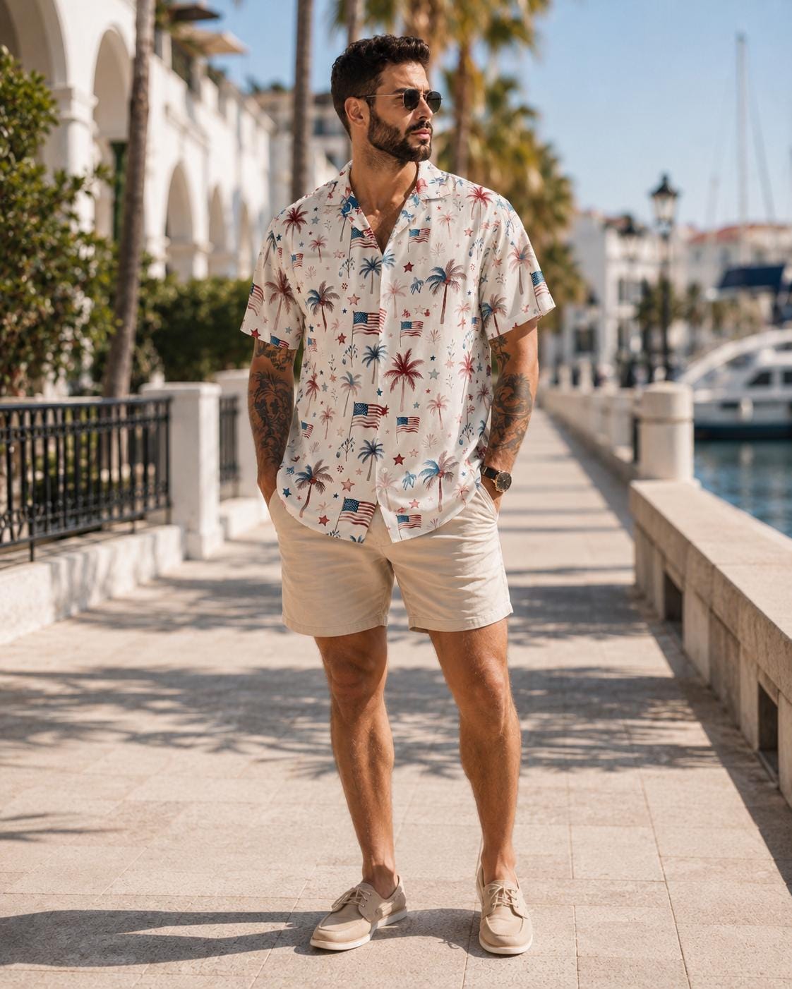 Patriotic Palm Tree Hawaiian Shirt For Men, American Flag 4th Of July Button Up, USA Beach Vacation Shirt