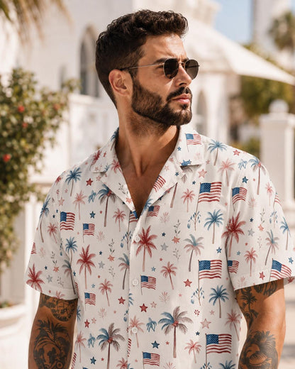 Patriotic Palm Tree Hawaiian Shirt For Men, American Flag 4th Of July Button Up, USA Beach Vacation Shirt