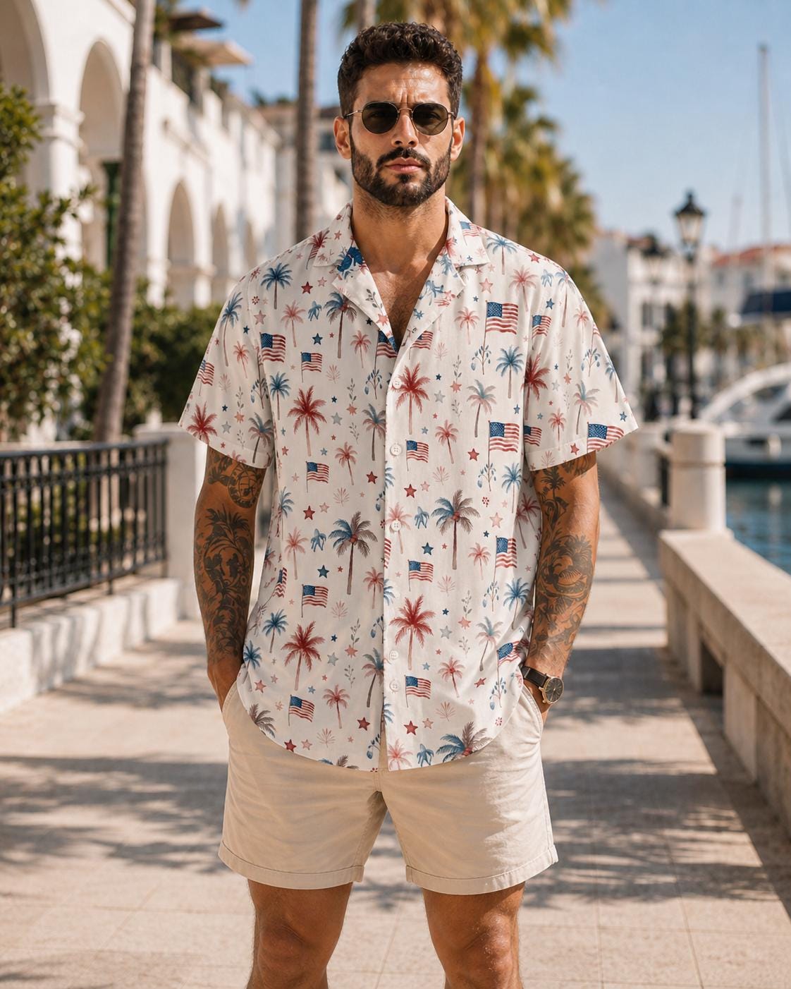 Patriotic Palm Tree Hawaiian Shirt For Men, American Flag 4th Of July Button Up, USA Beach Vacation Shirt
