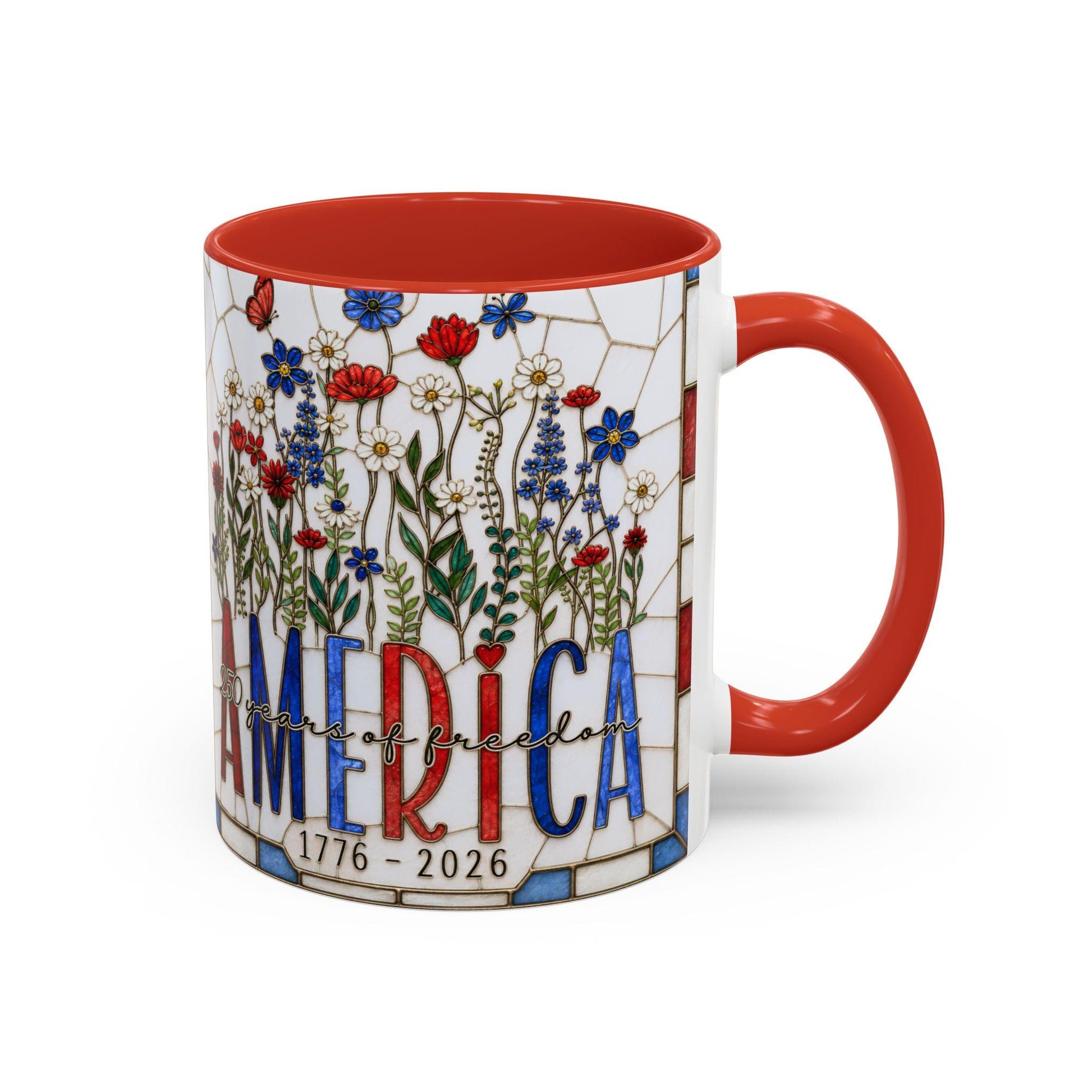 America 250 Faux Stained Glass Mug, Wildflower Coffee Mug, Floral Patriotic Cup, Independence Day Gift