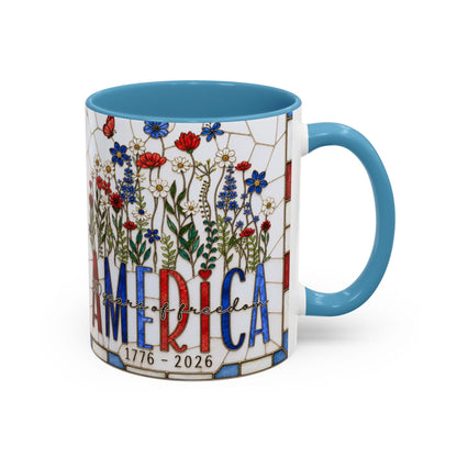 America 250 Faux Stained Glass Mug, Wildflower Coffee Mug, Floral Patriotic Cup, Independence Day Gift