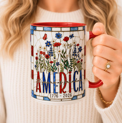 America 250 Faux Stained Glass Mug, Wildflower Coffee Mug, Floral Patriotic Cup, Independence Day Gift