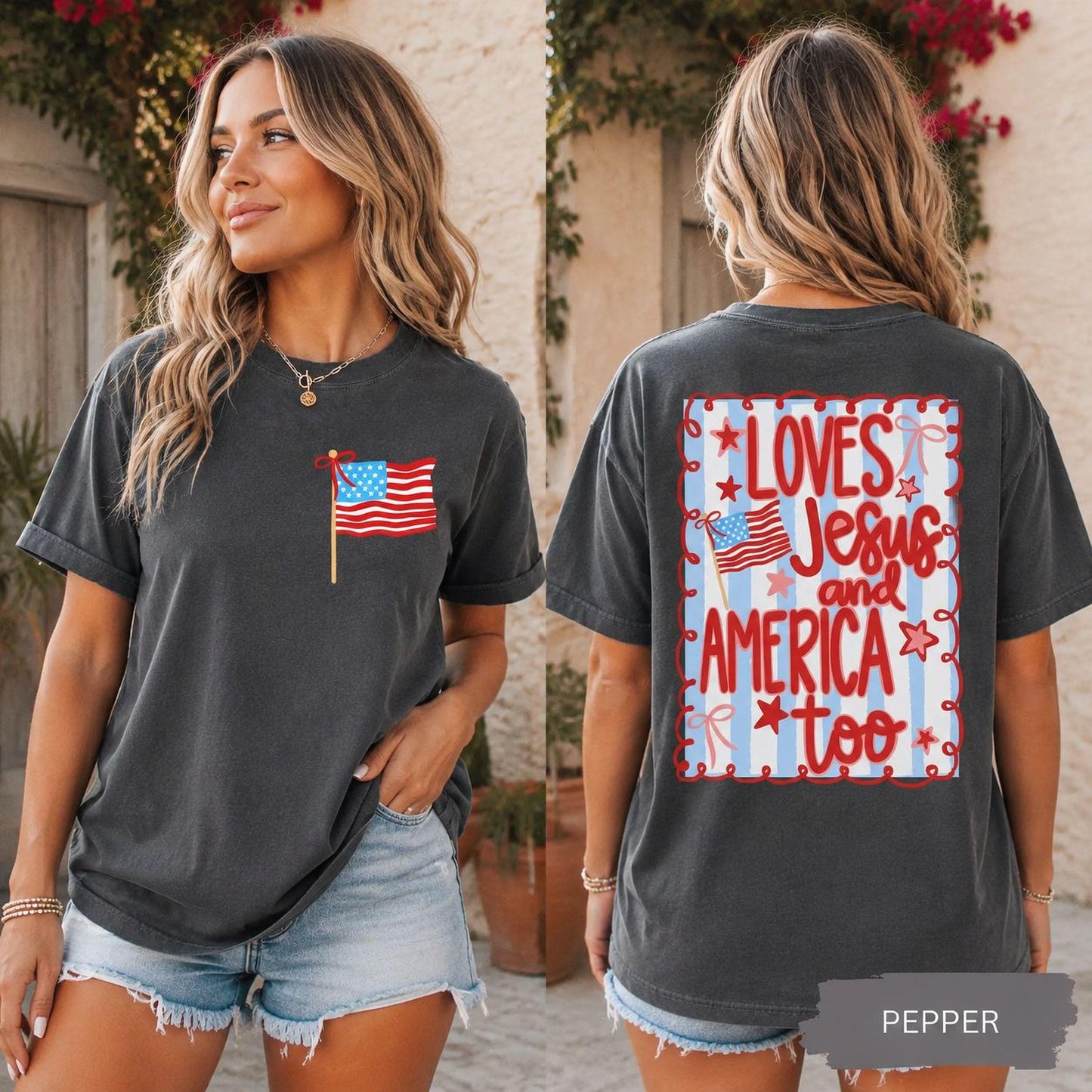 Comfort Colors® Loves Jesus and America Too Shirt Sweatshirt, 4th of July Patriotic Coquette Bow Tee American Flag