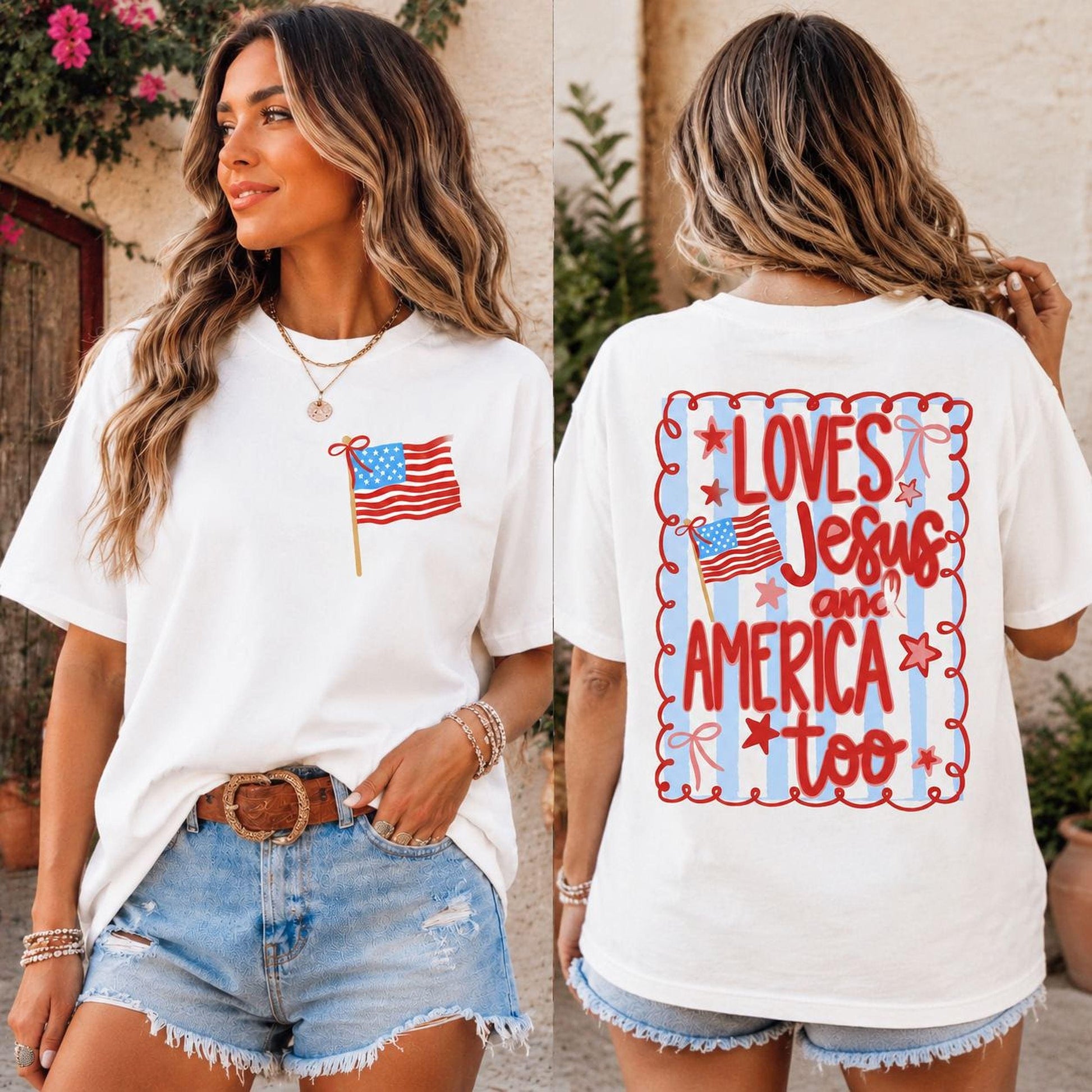 Comfort Colors® Loves Jesus and America Too Shirt Sweatshirt, 4th of July Patriotic Coquette Bow Tee American Flag