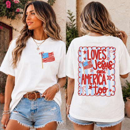 Comfort Colors® Loves Jesus and America Too Shirt Sweatshirt, 4th of July Patriotic Coquette Bow Tee American Flag