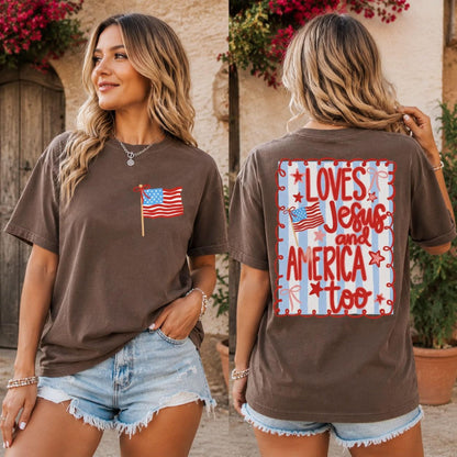 Comfort Colors® Loves Jesus and America Too Shirt Sweatshirt, 4th of July Patriotic Coquette Bow Tee American Flag