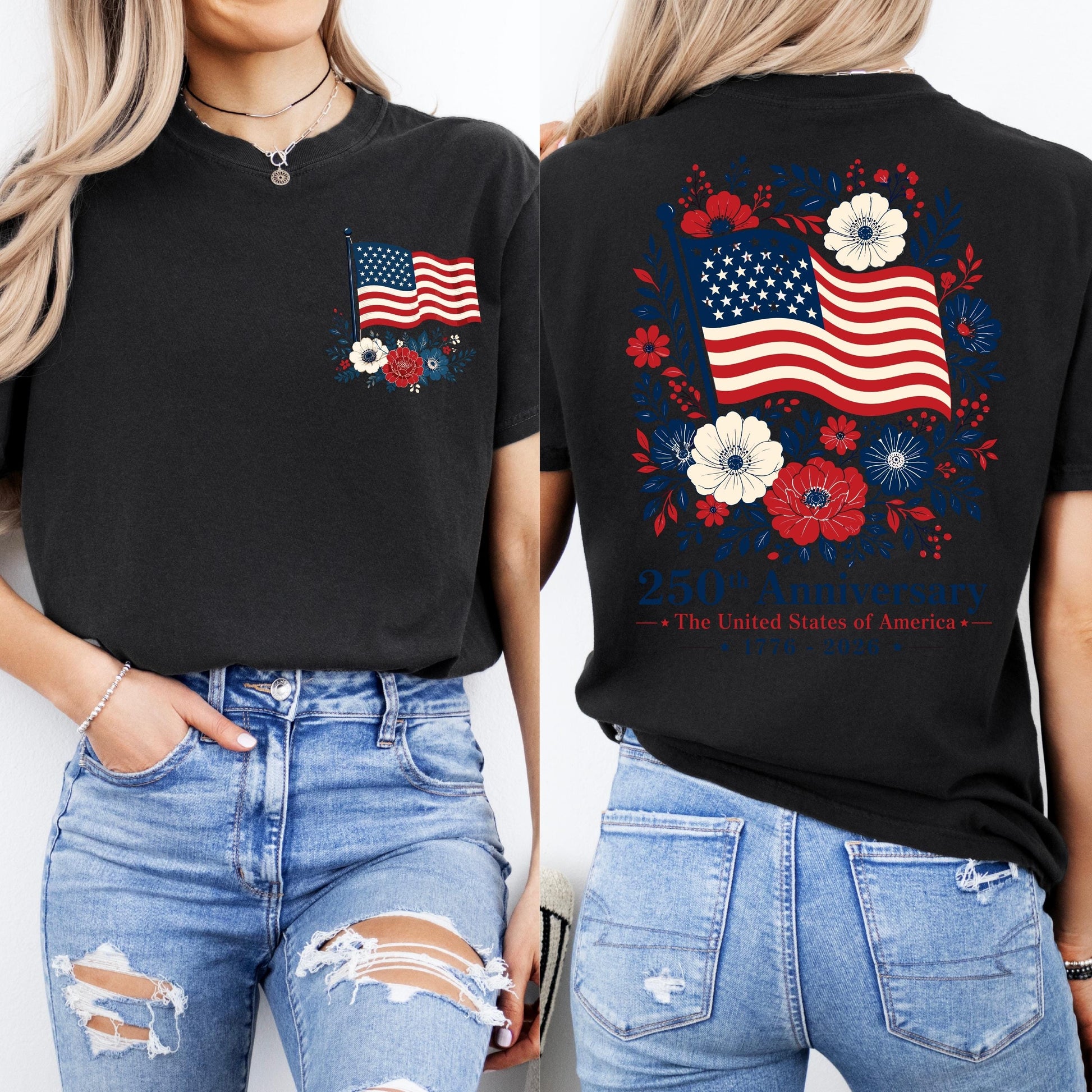 Comfort Colors® USA 250 Years Anniversary Shirt, 4th of July Back Graphic Tee, Boho Floral America T-Shirt