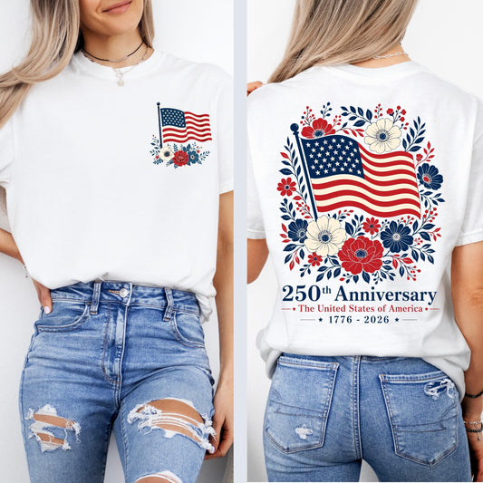 Comfort Colors® USA 250 Years Anniversary Shirt, 4th of July Back Graphic Tee, Boho Floral America T-Shirt