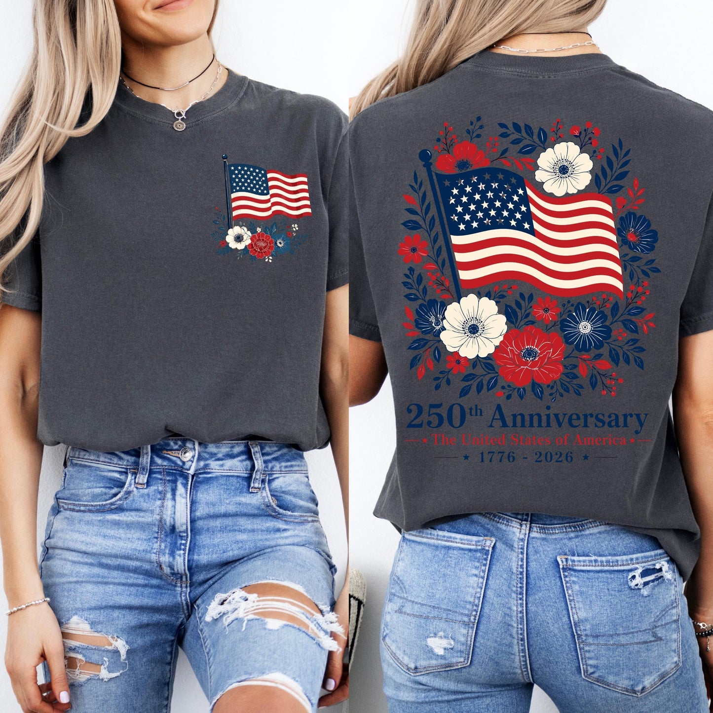 Comfort Colors® USA 250 Years Anniversary Shirt, 4th of July Back Graphic Tee, Boho Floral America T-Shirt