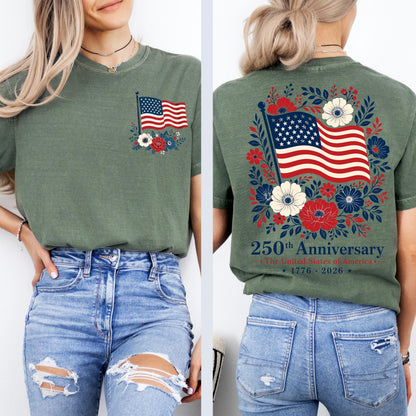 Comfort Colors® USA 250 Years Anniversary Shirt, 4th of July Back Graphic Tee, Boho Floral America T-Shirt