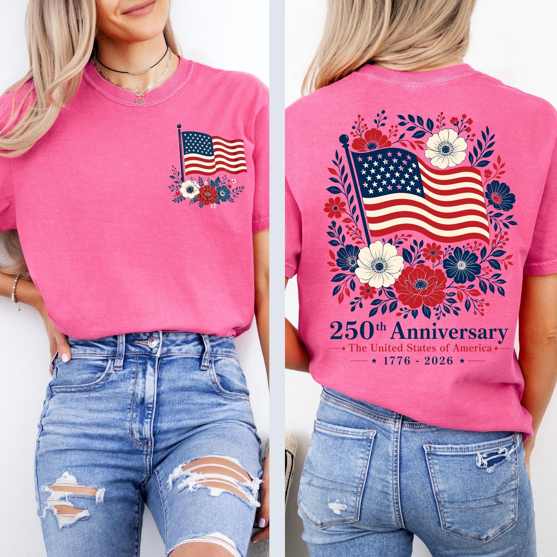 Comfort Colors® USA 250 Years Anniversary Shirt, 4th of July Back Graphic Tee, Boho Floral America T-Shirt