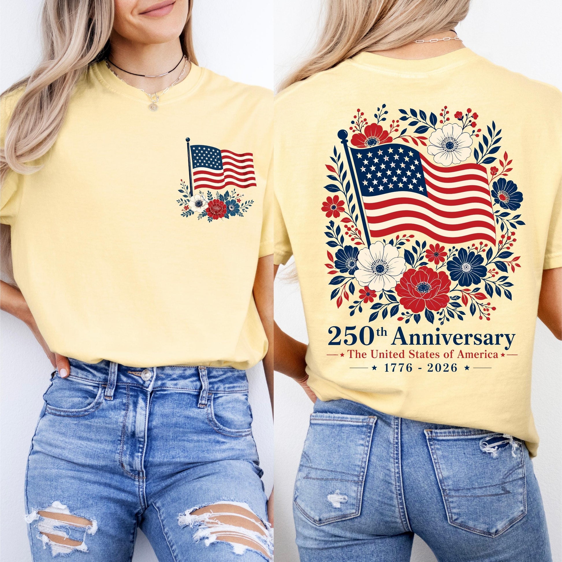 Comfort Colors® USA 250 Years Anniversary Shirt, 4th of July Back Graphic Tee, Boho Floral America T-Shirt