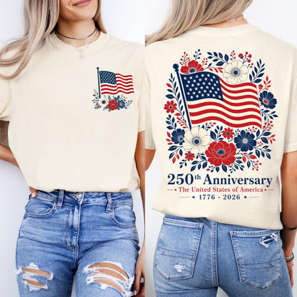 Comfort Colors® USA 250 Years Anniversary Shirt, 4th of July Back Graphic Tee, Boho Floral America T-Shirt