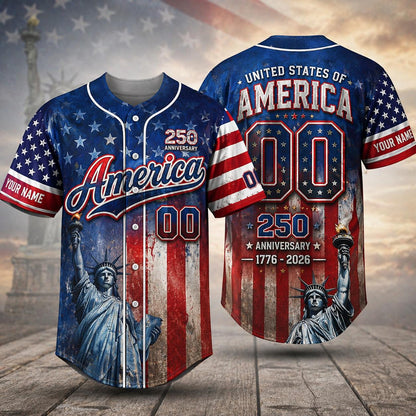 Personalized America Patriotic 250th Anniversary Baseball Jersey Shirt, Vintage American History Gift for Him