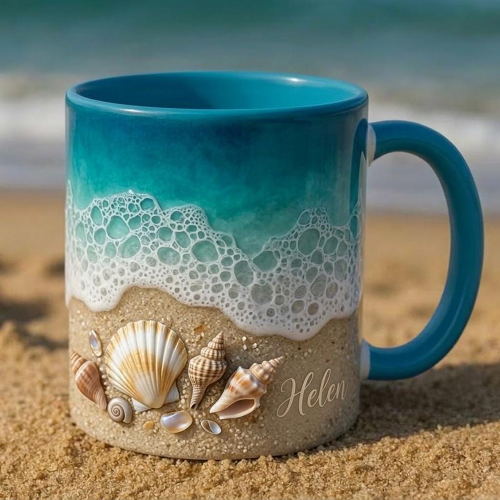 Personalized Beach Ceramic Mug, Custom Coastal Seashell Ocean Wave Design, Summer Shore Gift