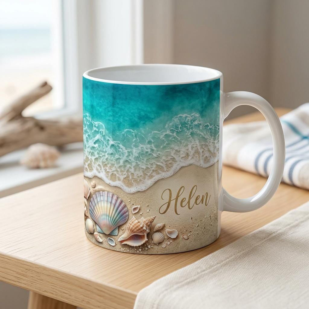 Personalized Beach Ceramic Mug, Custom Coastal Seashell Ocean Wave Design, Summer Shore Gift