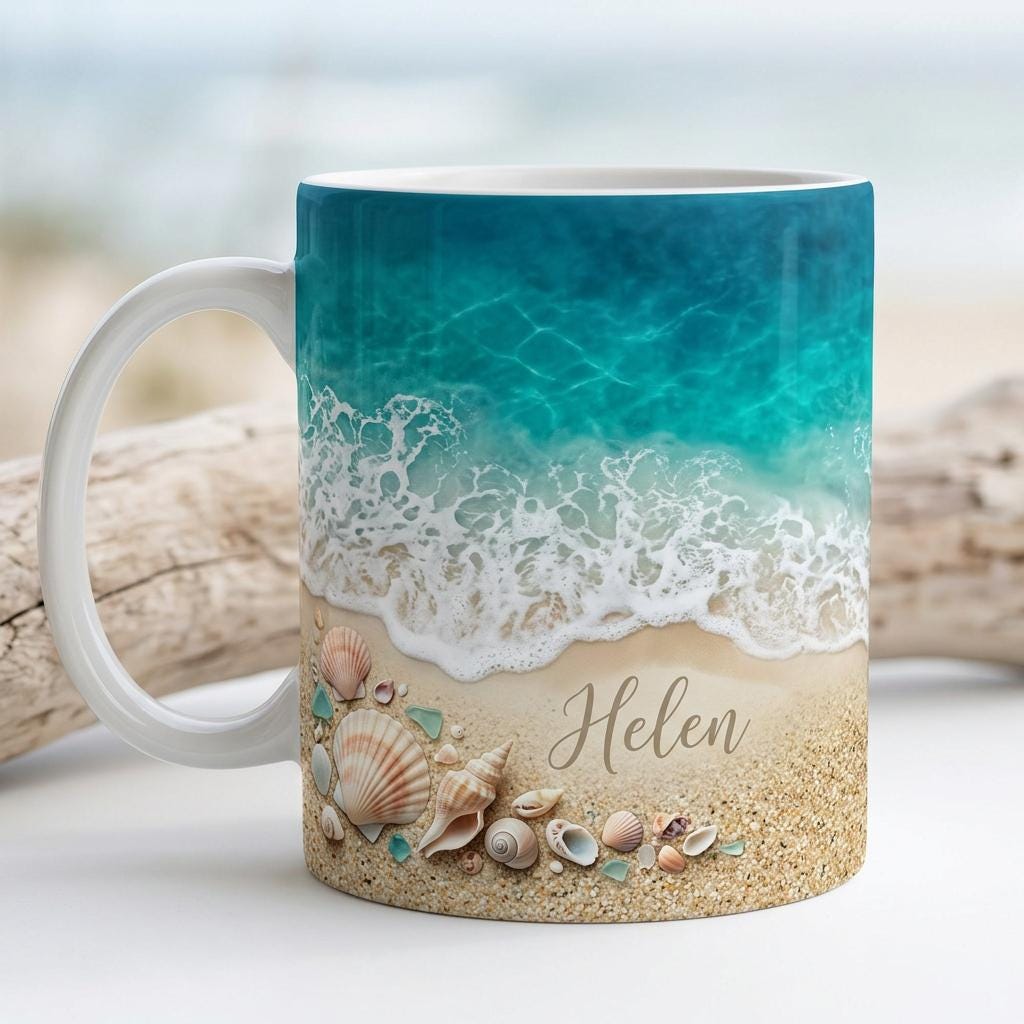 Personalized Beach Ceramic Mug, Custom Coastal Seashell Ocean Wave Design, Summer Shore Gift