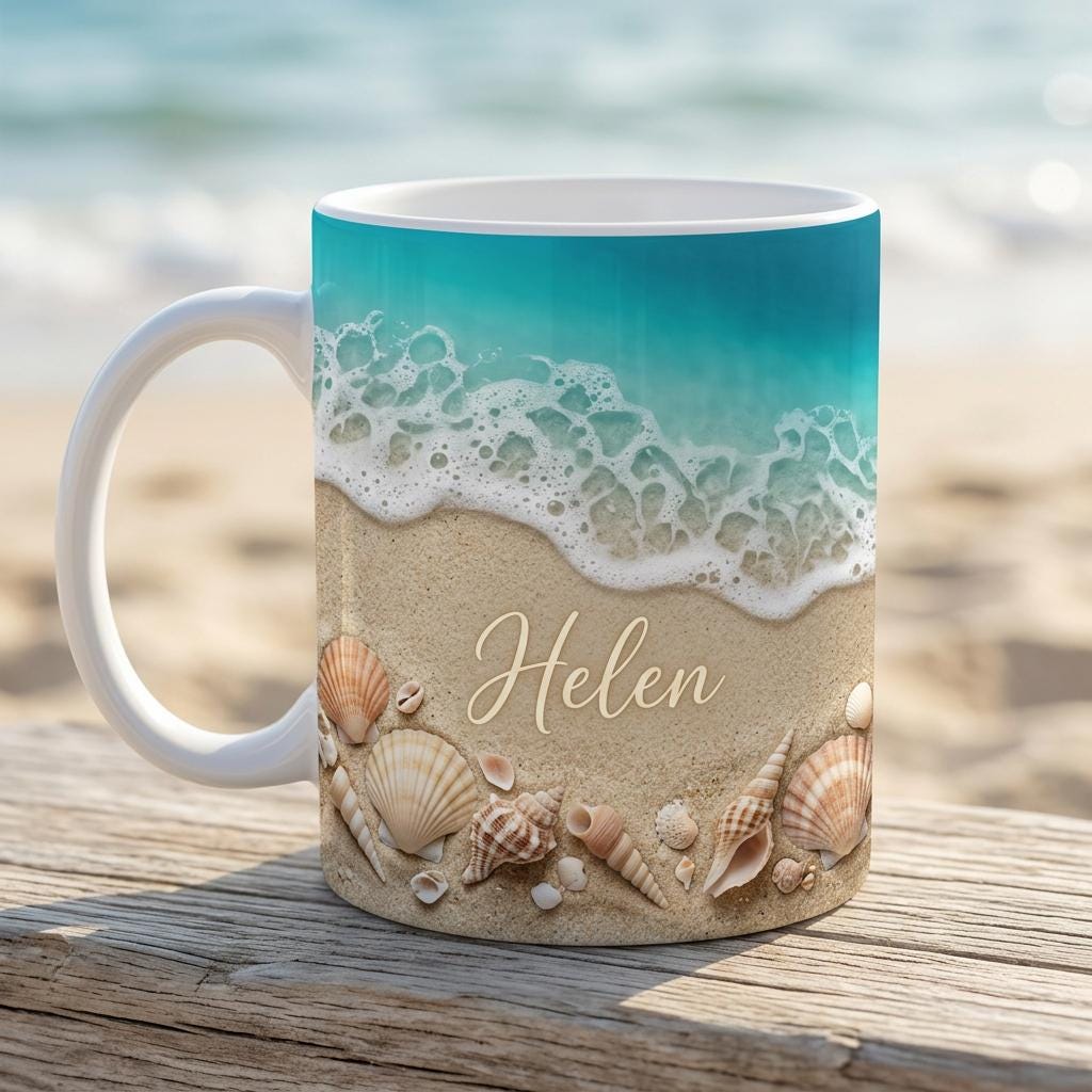 Personalized Beach Ceramic Mug, Custom Coastal Seashell Ocean Wave Design, Summer Shore Gift