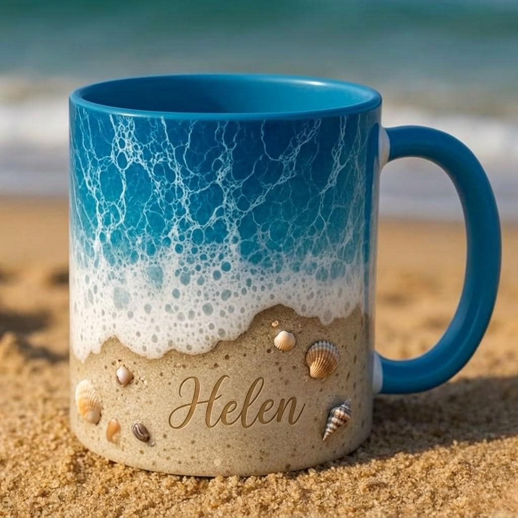 Personalized Beach Ceramic Mug, Custom Coastal Seashell Ocean Wave Design, Summer Shore Gift