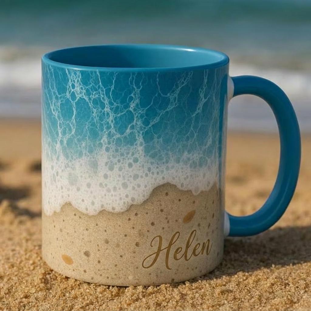 Personalized Beach Ceramic Mug, Custom Coastal Seashell Ocean Wave Design, Summer Shore Gift