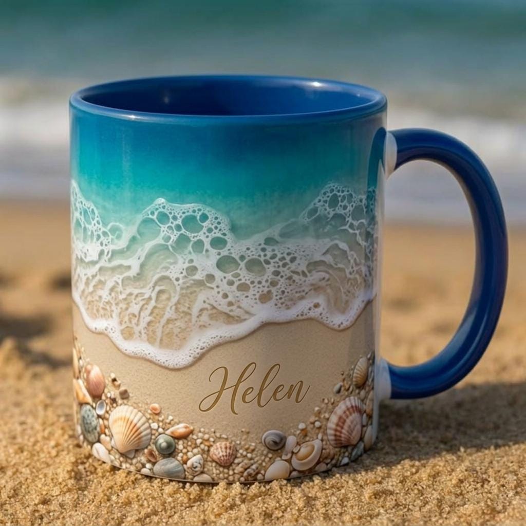 Personalized Beach Ceramic Mug, Custom Coastal Seashell Ocean Wave Design, Summer Shore Gift